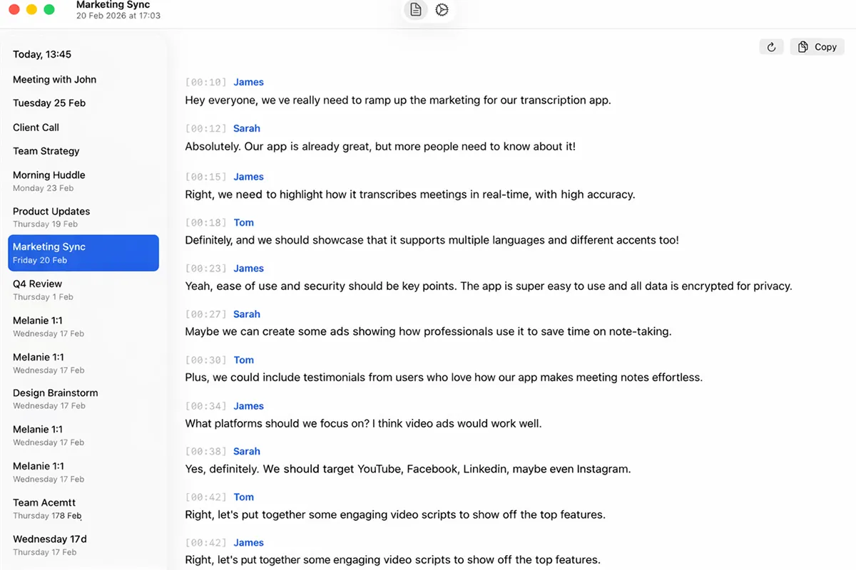NeverDrop Transcribe app showing real-time call transcription with speaker labels on macOS