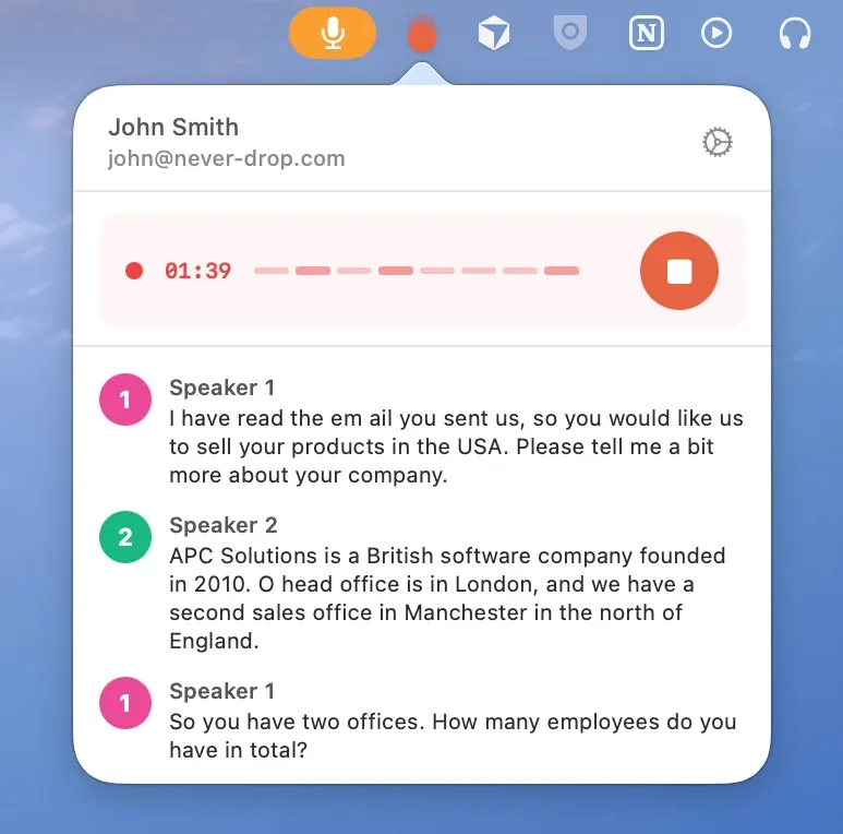 NeverDrop Transcribe app showing real-time call transcription with speaker labels on macOS